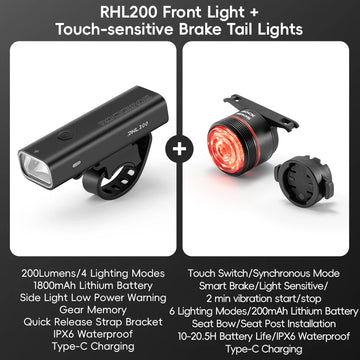 ROCKBROS Bike Light Set MTB Road Cycling Light Waterproof 200LM/400LM Bicycle Headlight + Smart Rear Light Auto Brake Sensing Apsilon