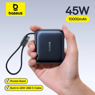 Baseus 45W Mini Power Bank 10000mAh Built-In USB-C Cable Pocket-Sized Smaller Fast Charging Portable For iPhone 17 Samsung S25 Apsilon