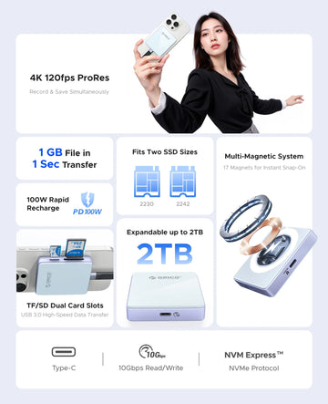 ORICO Magnetic M.2 2230/2242 NVMe SSD Enclosure for iPhone 4K ProRes Recording ith SD/TF 3.0 Card Reader PD100W Charging Port Apsilon