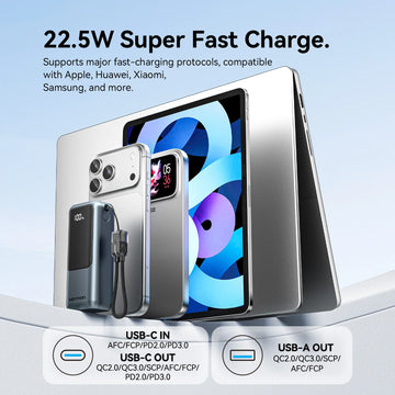 Vention 10000mAh Mini Power Bank 22.5w Portable Charger Built-in USB C Cable PD 3.0 Fast Charging for iPhone 17 Samsung S25 S24 Apsilon