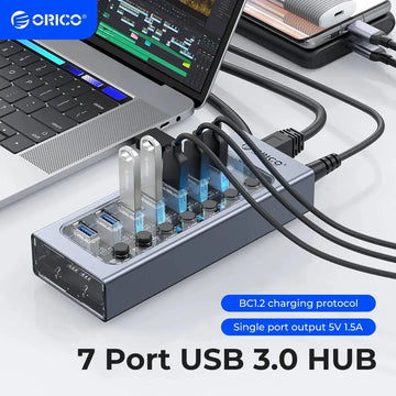 ORICO USB3.0 Hub Aluminum Industrial 7-Port Splitter Split Switch with 12v Power Adapter for Macbook Mobile Phone Tablets Apsilon