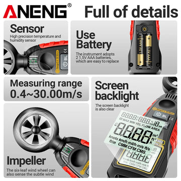 Digital Handheld Anemometer Temperature Humidity 0.4~30.00m/s Wind Speed Meter -20.0C~60.0C Temperature Tester Tools ANENG GN302 Apsilon