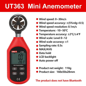 UNI-T Anemometer UT363 UT363BT Wind Speed Meter 0~30m/s Air Speedometer Digital Temperature Meter Wind Speed Measurement Apsilon