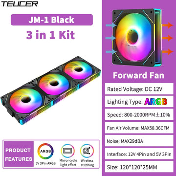 TEUCER JM-1 ARGB Fan 3 in 1 RGB Mirror Cycle Light Effect 800-2000RPM PWM Water Cooling 360mm  PC Cooler Fan Kit Apsilon