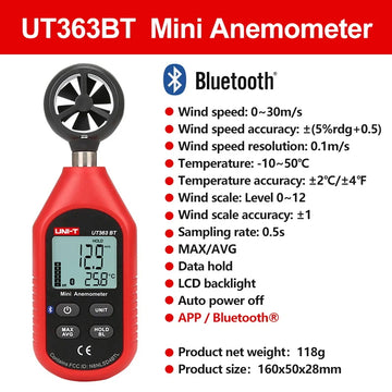 UNI-T Anemometer UT363 UT363BT Wind Speed Meter 0~30m/s Air Speedometer Digital Temperature Meter Wind Speed Measurement Apsilon