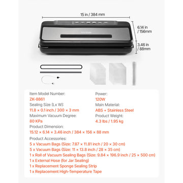 SucceBuy 80Kpa 120W Electric Vacuum Sealer Machine 7-in-1 Wet Food Sealer with Free 10pcs Vacuum Bags for Kitchen Food Storage Apsilon