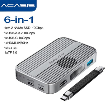 Acasis Magnetic M.2 NVMe SSD Enclosure 10Gbps USB C Docking Station with Cooling Fan HDMI 4K60HZ SD/TF PD 100W for iPhone 17 16 Apsilon
