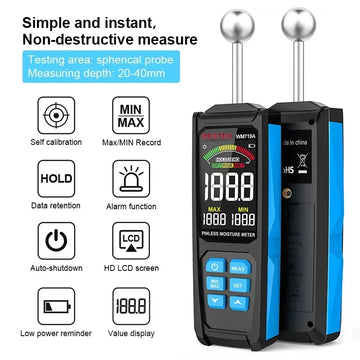 WM710A Digital Wood Moisture Meter Non-destructive Spherical Hygrometer Record Humidity Auto Detect Wettest Timber Damp Detector Apsilon