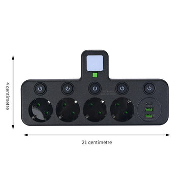 EU plug and socket 4 sockets, multi plug wall power plug and socket without extension cable or USB and Type-C port Apsilon