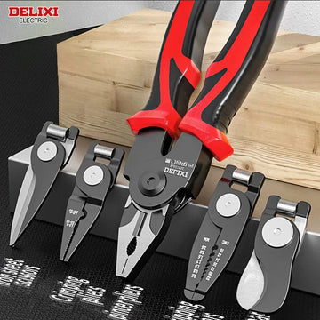 DELIXI ELECTRIC 5-in-1 Multifunctional Pliers Set, Interchangeable Plier Heads, Wire Pliers Stripper Cable Clamp Crimping Pliers Apsilon