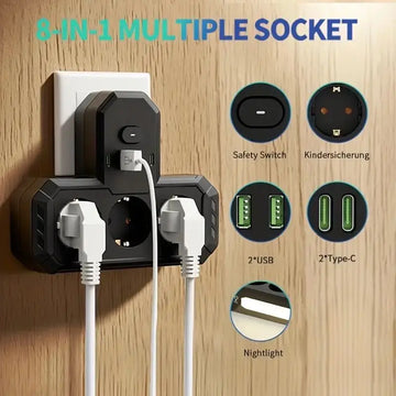 EU plug and socket 4 sockets, multi plug wall power plug and socket without extension cable or USB and Type-C port Apsilon