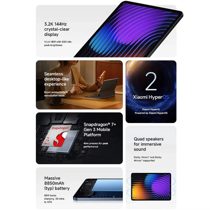Global Version Xiaomi Pad 7 Snapdragon 7+ Gen 3 Octa-core CPU Tablet 8850mAh 13MP Camera 11.2" 3.2K Display 144Hz 45W Charging