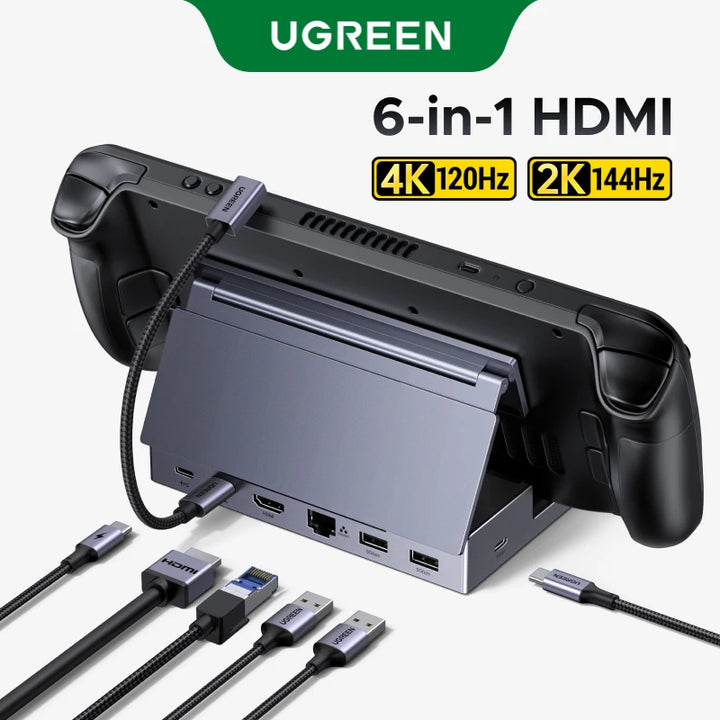 UGREEN USB C HUB Steam Deck Docking Station 6-in-1 Type-C to 4K120Hz HDMI 5Gbps USB-A/C PD100W 1000Mbps RJ45 for ROG Ally Legion Apsilon