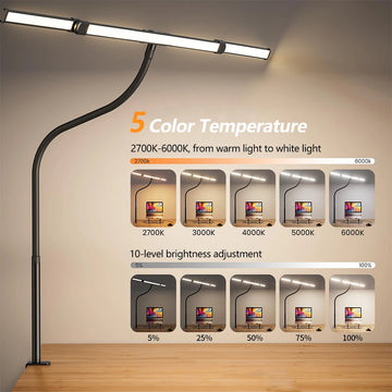 Eye-care LED Clip Metal Desk Lamp 3 Colors Adjustable 10 Brightness Levels Flexible Rotating Lamp Head for Home Reading PC Game Apsilon