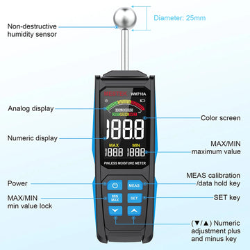 WM710A Digital Wood Moisture Meter Non-destructive Spherical Hygrometer Record Humidity Auto Detect Wettest Timber Damp Detector Apsilon
