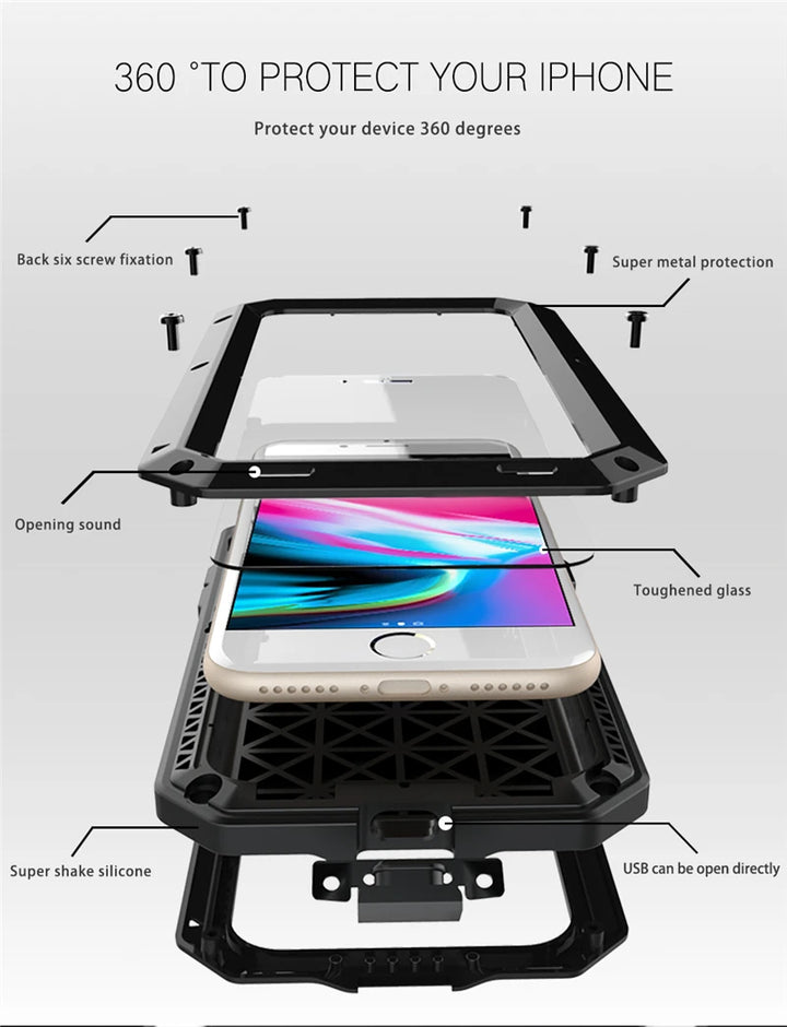 Heavy Duty Protection Armor Metal Aluminum Case for iPhone 16 15 14 13 12 mini 11 Pro 7 8 Plus XS Max XR SE 16e Shockproof Cover