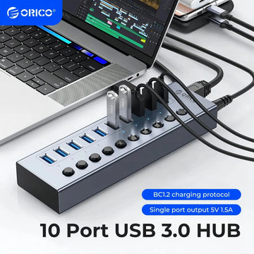ORICO Powered USB Hub Splitter Socket with Multi USB 3.0 Port Slot Plug On-Off Key Switch Dock Power Strip Adapter for PC Lapto Apsilon