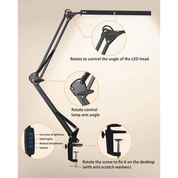 10W LED Desk Lamp with Clamp Adjustable Swing Arm Dimmable Table Light 3 Color Modes 10 Brightness Levels Eye-Caring USB Reading Apsilon
