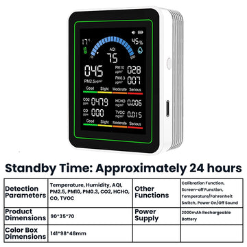 10-in-1 Air Quality Monitor Carbon Dioxide Monitor Formaldehyde Detector Temperature and Humidity Monitor 1PC Apsilon