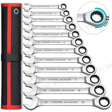 Ratcheting Wrench Set Metric and Standard 12-Point Box End Combination Spanner Gear Wrench Garage Tool Set,CR-V Full Polished Apsilon
