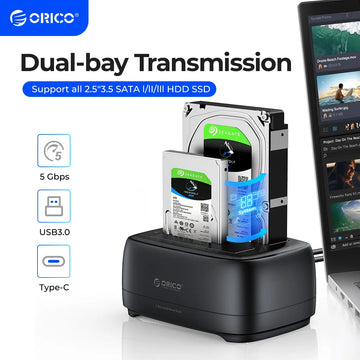 ORICO Dual-bay Hard Drive Station USB3.0 5Gbps Type-C HDD Docking Station  with 12V 3A Power Adapter  for 2.5/3.5 Inch HDD/SSD Apsilon