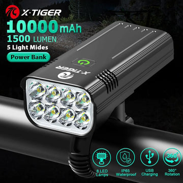 X-TIGER Bike Light Set Powerful USB Rechargeable Bright 10000mAh Bicycle Front Lights IPX5 Waterproof Front Lamp Cycling Apsilon