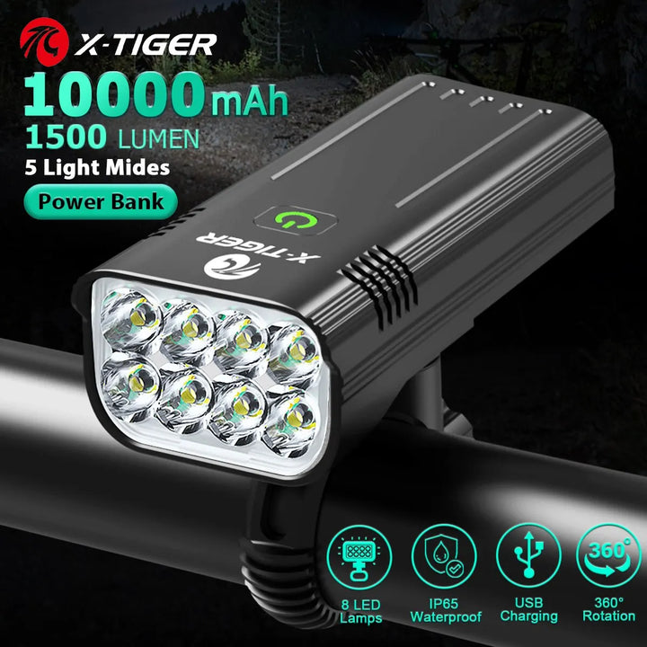 X-TIGER Bike Light Set Powerful USB Rechargeable Bright 10000mAh Bicycle Front Lights IPX5 Waterproof Front Lamp Cycling Apsilon