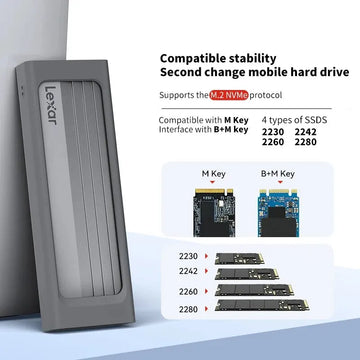 Lexar Hard Drive Enclosure E300 M.2 NVMe Type-C All Aluminium Solid State Mobile Hard Drive Case High Speed 10Gbps Transport Apsilon