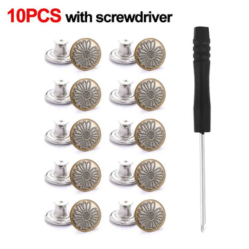10Pcs Metal Jeans Buttons 17mm Replacement No-Sewing Screw Button Repair Kit Nailless Removable Jean Buckles Clothing Pants Pins Apsilon