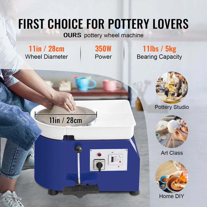 SucceBuy 11in Pottery Wheel Ceramic Forming Machine Adjustable 60-300RPM Speed Handle Foot Pedal Control ABS Detachable Basin