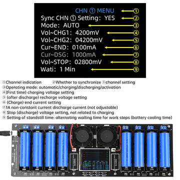 8-Channel 18650 Lithium Battery Auto Charge/Discharge Tester Capacity Internal Resistance Tester 2.4-in Screen DC 5V EU/US Plug Apsilon