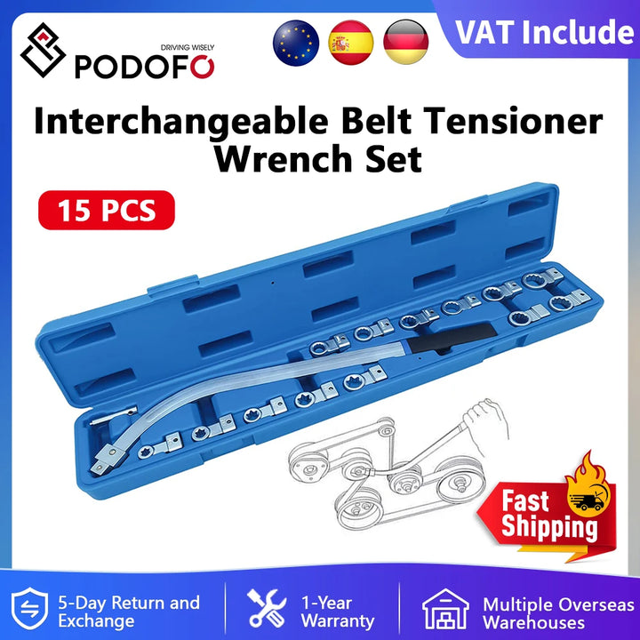 Podofo 15Pcs Auxiliary Timing Belt Tensioner Pulley French Set 12mm-19mm E10-E18 12-Point Tool Kit for Most Vehicle Types Apsilon