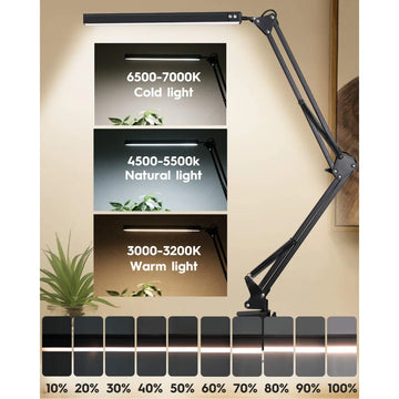10W LED Desk Lamp with Clamp Adjustable Swing Arm Dimmable Table Light 3 Color Modes 10 Brightness Levels Eye-Caring USB Reading Apsilon