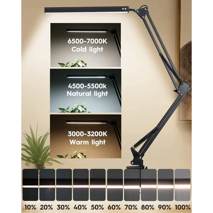 10W LED Desk Lamp with Clamp Adjustable Swing Arm Dimmable Table Light 3 Color Modes 10 Brightness Levels Eye-Caring USB Reading Apsilon