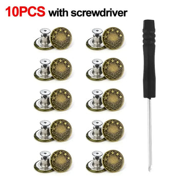 10Pcs Metal Jeans Buttons 17mm Replacement No-Sewing Screw Button Repair Kit Nailless Removable Jean Buckles Clothing Pants Pins Apsilon