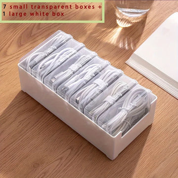 Data Cable Storage Box with 7 Small Compartment Boxes, Desktop Cable Organizer for Office Desk Apsilon