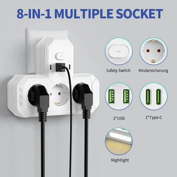 EU plug and socket 4 sockets, multi plug wall power plug and socket without extension cable or USB and Type-C port Apsilon