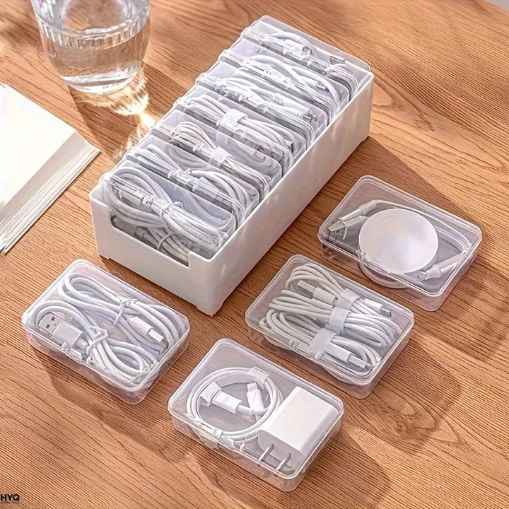 Data Cable Storage Box with 7 Small Compartment Boxes, Desktop Cable Organizer for Office Desk Apsilon