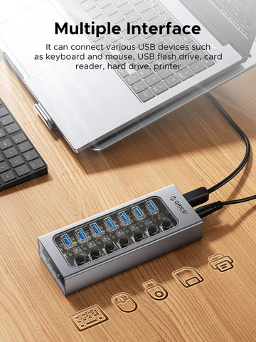 ORICO USB3.0 Hub Aluminum Industrial 7-Port Splitter Split Switch with 12v Power Adapter for Macbook Mobile Phone Tablets Apsilon