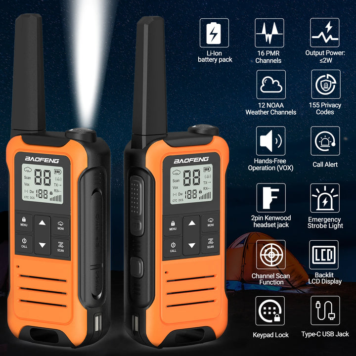 2pcs Baofeng F22/T22 Mini Walkie Talkie PMR Long Range Rechargable Portable Two Way Radio Type-C Charger for Camping Trip Apsilon