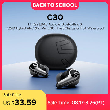 SOUNDPEATS C30 Wireless Earphones -52dB Hybrid ANC Bluetooth 6.0 Headphones Hi-Res LDAC Audio, 6 Mics ENC, Fast Charge, IP54 Apsilon