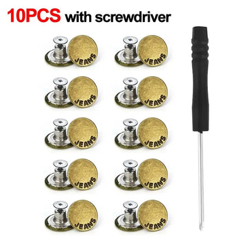 10Pcs Metal Jeans Buttons 17mm Replacement No-Sewing Screw Button Repair Kit Nailless Removable Jean Buckles Clothing Pants Pins Apsilon