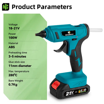 NEWBENY 280°C Hot Melt Glue Gun Portable Rechargeable with 10pcs 11mm Glue Sticks DIY Repair Tool For Makita 18V Battery Pin Apsilon