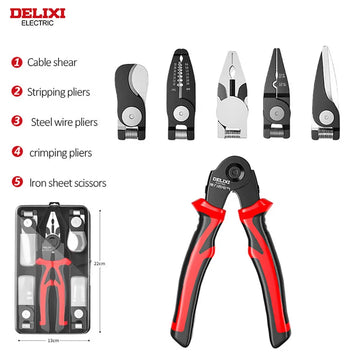 DELIXI ELECTRIC 5-in-1 Multifunctional Pliers Set, Interchangeable Plier Heads, Wire Pliers Stripper Cable Clamp Crimping Pliers Apsilon