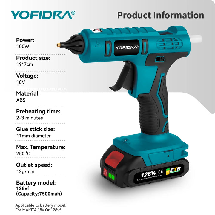 YOFIDRA 100W 260° Hot Glue Gun  Electric Mini Glue Guns Repair Power Tool With 10pcs 11MM Glue Sticks For Makita Battery Pin Apsilon