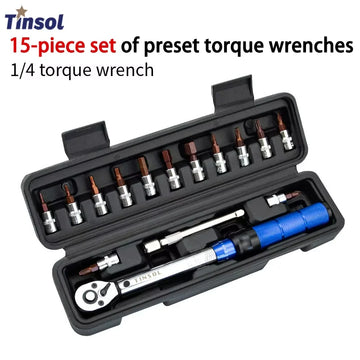 TINSOL 15Pcs Set Bicycle Torque Wrench Set 1/4" 2-24Nm Dual Direction Bike Allen Key Tool Socket Preset Type Spanner Pro Repair Apsilon