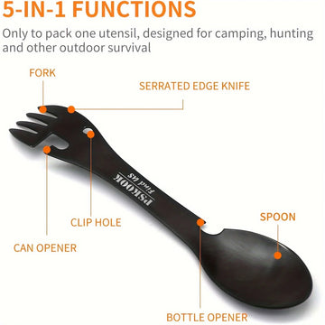 PSKOOK Outdoor Survival Tools 5 in 1 Camping Multi-functional EDC Kit Practical Fork Knife Spoon Bottle/Can Opener Apsilon
