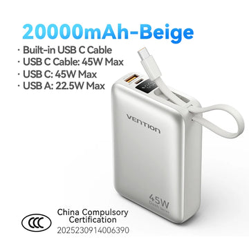 Vention CCC 45W 20000mAh Power Bank Fast Charging Portable Charger for Xiaomi iPhone Pro Max Samsung Galaxy Battery 3C Powerbank Apsilon