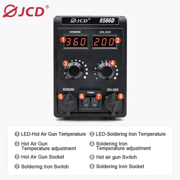 JCD 8586D Soldering Station 2 IN 1 750W Hot Air Gun LCD Dual Digital Display Electric Soldering Iron SMD Welding Rework Station Apsilon