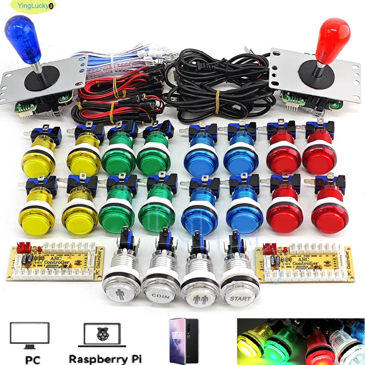 2 Player DIY Arcade Game Kit for PC Raspberry Pi with LED Push Buttons American Style Joystick USB Encoder Cables Mame Jamma Apsilon
